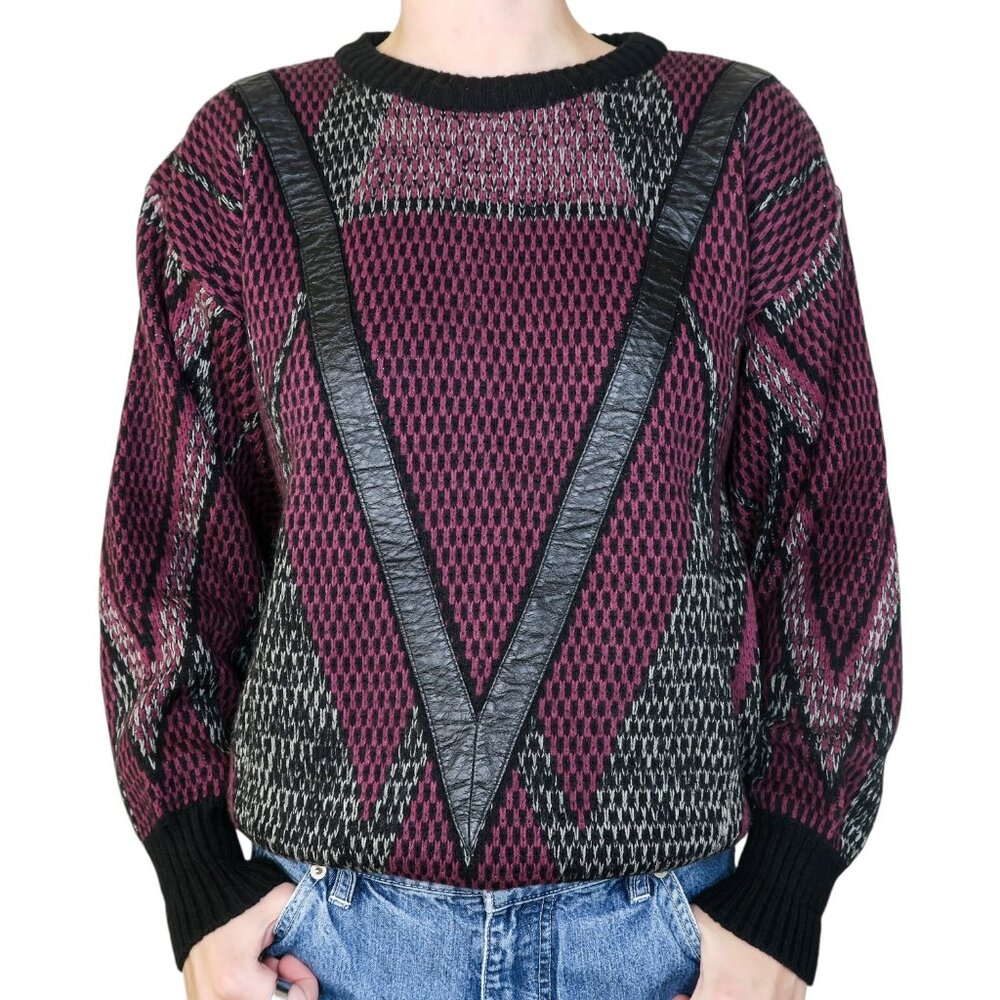 Vintage 80s Leather Patch Grandpa Sweater